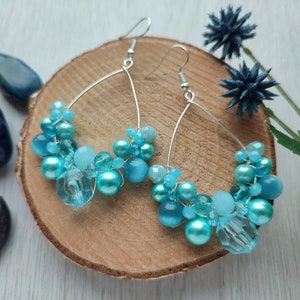 Light blue earrings, Mermaid style earrings, Ocean blue boho earrings, Ice blue queen earrings, Beaded hoop earrings, Teardrop bubbly hoops image 7