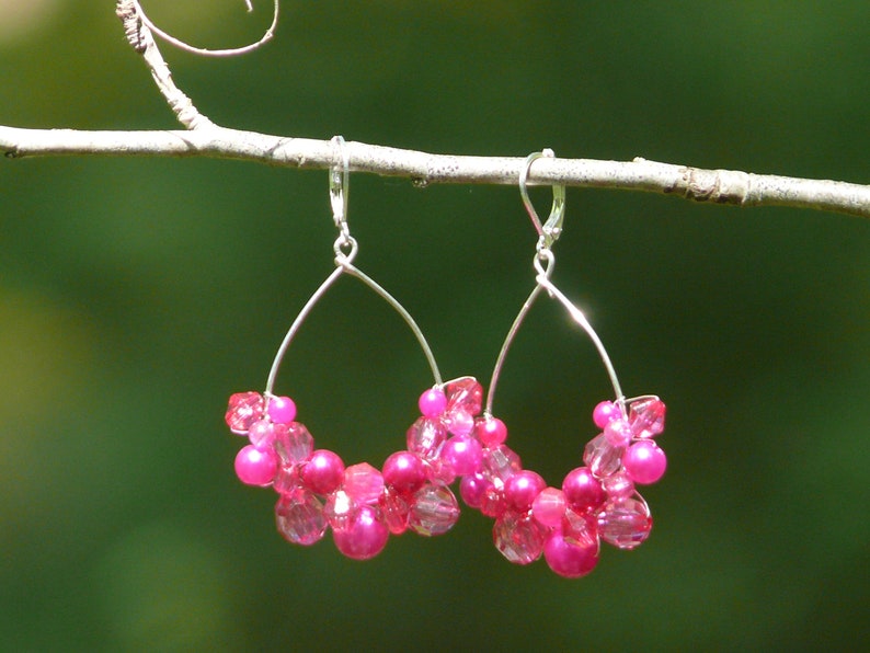 Fuchsia bohemian dangle earrings Pink hoop earrings Gift for her Barbie pink earrings Wire wrapped boho earrings Hot pink earrings