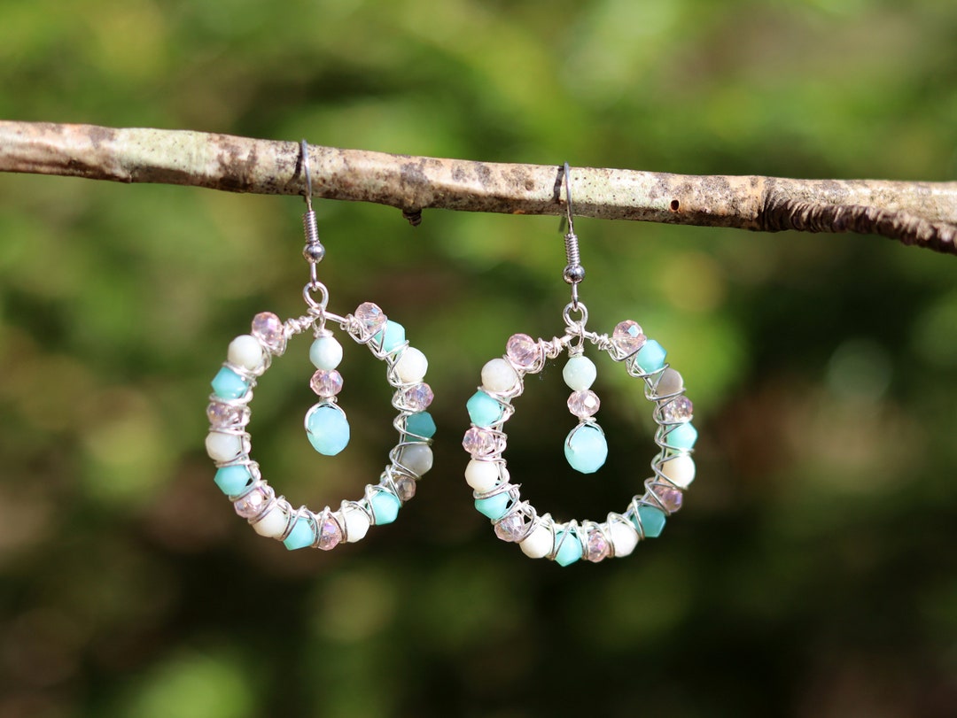Pastel Pink Blue Hoop Earrings, Small Hoops With Amazonite and Glass Beads, Blue White Pink Boho