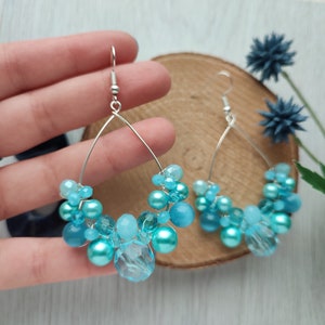 Light blue earrings, Mermaid style earrings, Ocean blue boho earrings, Ice blue queen earrings, Beaded hoop earrings, Teardrop bubbly hoops image 8