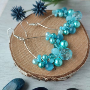 Light blue earrings, Mermaid style earrings, Ocean blue boho earrings, Ice blue queen earrings, Beaded hoop earrings, Teardrop bubbly hoops image 3