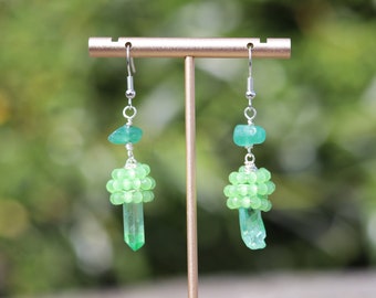 Apple Aura Quartz earrings, Raw green quartz crystal earrings, Green and teal dangles, Fresh Dainty gemstone dangles, Raw quartz earrings