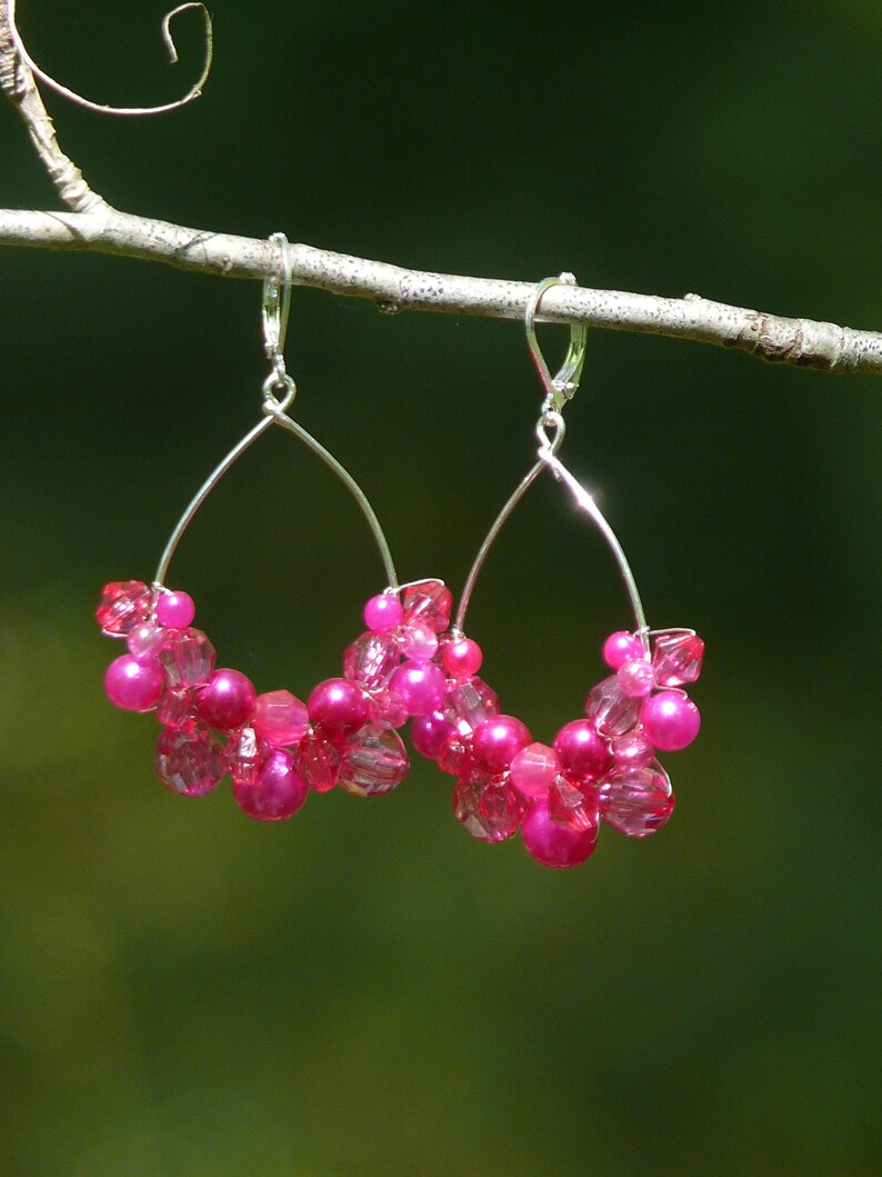 Fuchsia bohemian dangle earrings Pink hoop earrings Gift for her Barbie pink earrings Wire wrapped boho earrings Hot pink earrings