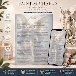 May include: A Saint Michael's Chaplet prayer guide featuring a printed document and a smartphone screen displaying the same text. The background includes a statue of Saint Michael, a lit candle, and wooden prayer beads with a metal crucifix.