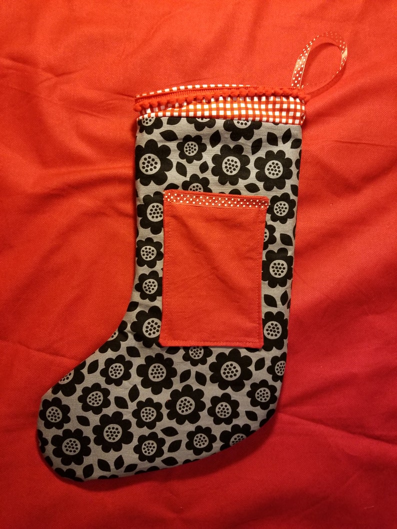 Xmas stocking black flowers red pocket