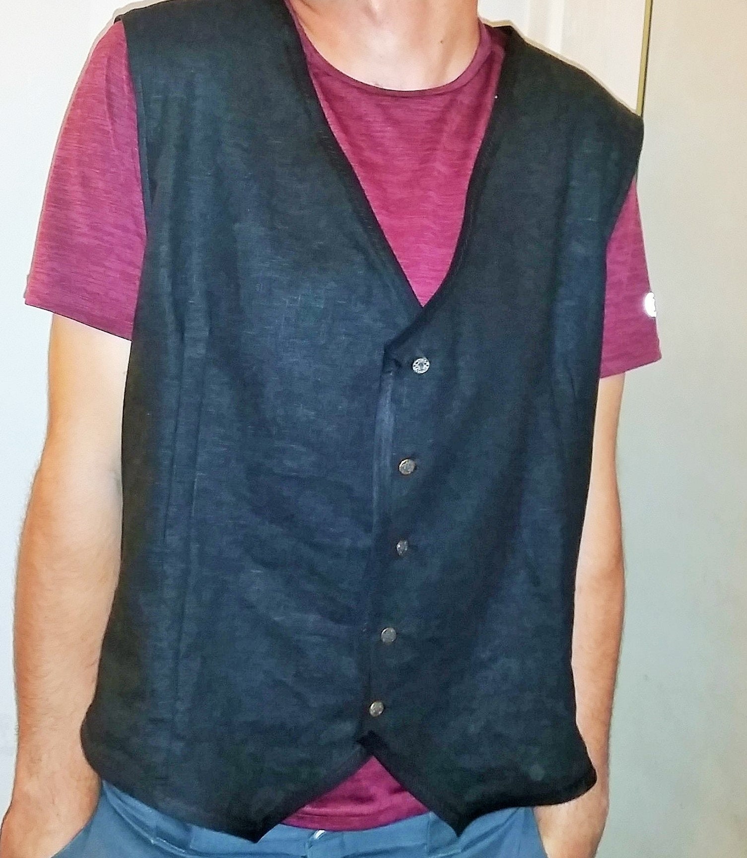 Mens Black Linen Vest With Vintage Buttons Etsy Singapore