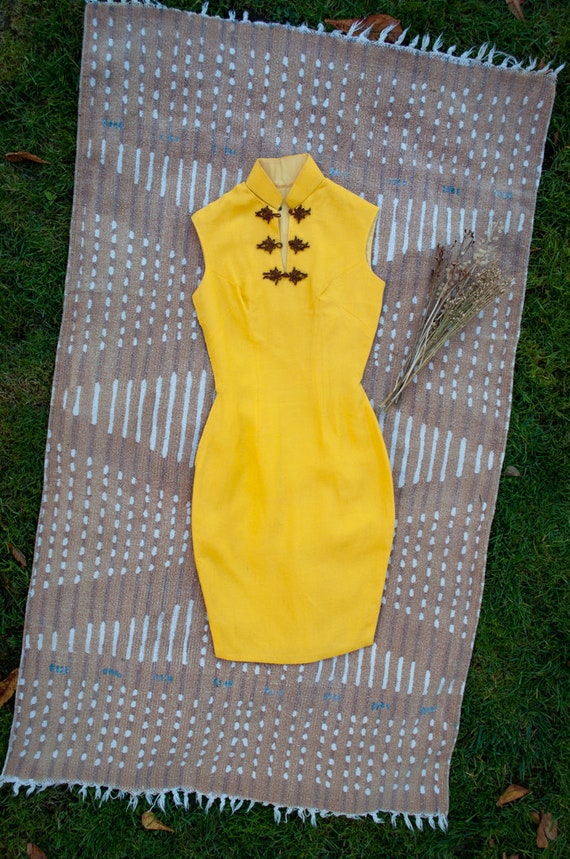 Bright Yellow Button Knot Cheongsam Dress, Vintage