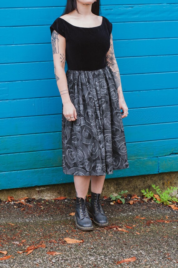 Vintage 50's Dress, Black Velvet, Fit and Flare Dr