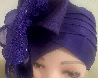 Purple Raw Silk & Lace Auto Gele, Ready to Wear African Headwrap, Nigerian Wedding Gele, Elegant Church Turban, African Women Headwear
