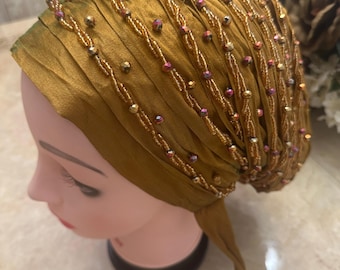African Hand Beaded Raw Silk Turban: Pre-Tied Head Wrap. Hijab turban