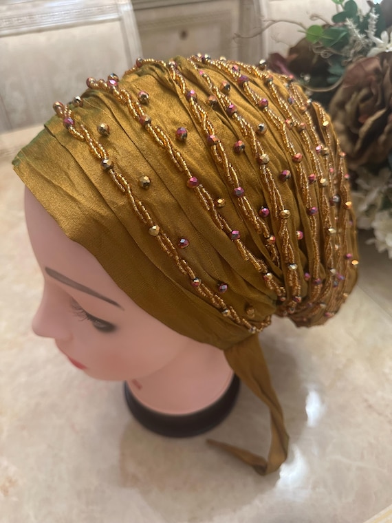 African Hand Beaded Raw Silk Turban: Pre-tied Head Wrap  display picture 2