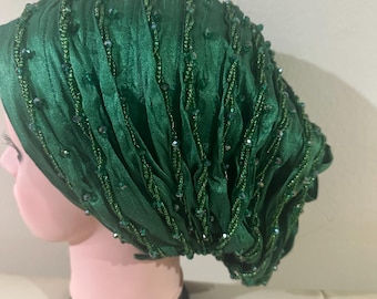 African Hand Beaded Raw Silk Turban: Pre-Tied Head Wrap. Hijab turban
