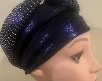 Glitter Stone African Auto Gele - Deep Purple Wedding Headwrap