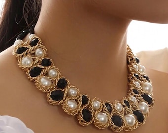 Black White Pearl Statement Necklace | Gold Accents, Adjustable Length
