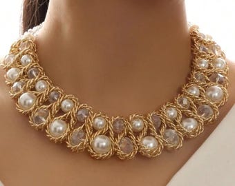 Crystal pearl beaded double row necklace for women. Fashionable.