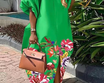 Gorgeous Floral Maxi Kaftan Dress Women Loose Fit Boho Caftan satiny Resort Vacation Dress Size - Green - 14 XL, Blue - 16 XXL
