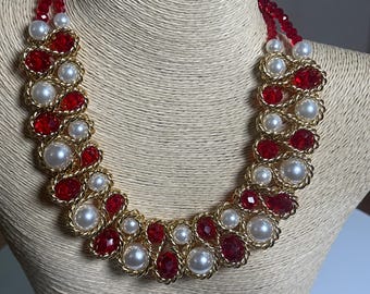 Red  White Pearl Statement Necklace | Gold Accents, Adjustable Length