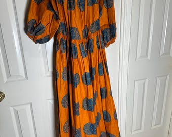 African Nigerian Ankara Maxi Off Shoulder Puff Sleeve  Boho Cotton Dress Large. All over stones