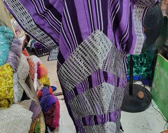 Aso Oke Kaftan African Dress: Nigerian Wedding Outfit, Purple & Silver, L-XL