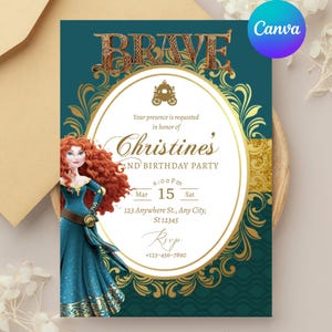 Könnte beinhalten: Eine teal- und goldfarbene Geburtstagseinladung mit dem Wort "BRAVE" in goldfarbenen Buchstaben. Die Einladung zeigt eine Cartoon-Illustration einer Figur in einem teal-Kleid. Der Text lautet "Christines 2nd Birthday Party" und enthält Datum, Uhrzeit und RSVP-Informationen.