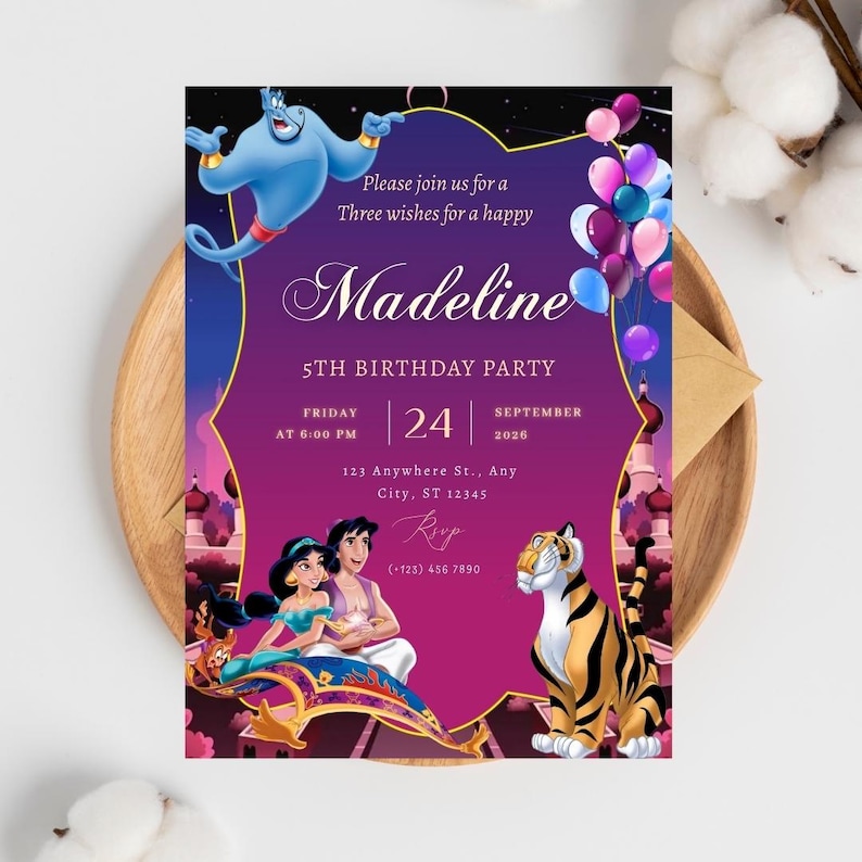 May include: A purple birthday party invitation featuring a blue genie, a princess and a man on a magic carpet, and a tiger. The text reads: Please join us for a Three wishes for a happy Madeline 5TH BIRTHDAY PARTY FRIDAY 24 SEPTEMBER 2026.
