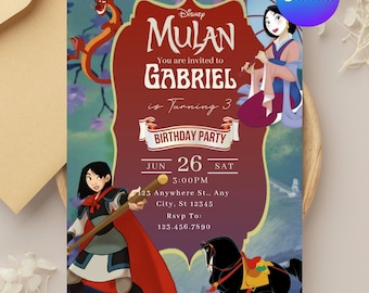 Editable Princess Mulan Birthday Invitation: Princess Birthday Template, Princess Theme Party, Mulan Party Invite, Canva Template 5x7