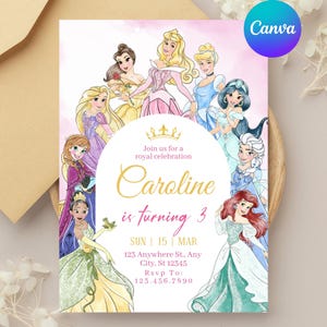 May include: A princess-themed birthday party invitation with a pink and white watercolor background. The invitation features illustrations of several Disney princesses and includes the text "Caroline is turning 3". The Canva logo is in the upper right corner.