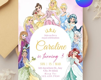 Four Ever A Princess Birthday Invitation: Princess Birthday Invitation, Princess Party Invite Royal Theme Watercolor Editable Canva