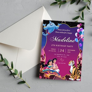 May include: A rectangular birthday party invitation card featuring a blue genie, Jasmine, Aladdin on a magic carpet, and a tiger. The purple and pink card includes text: Please join us for a Three wishes for a happy Madeline 5TH BIRTHDAY PARTY.