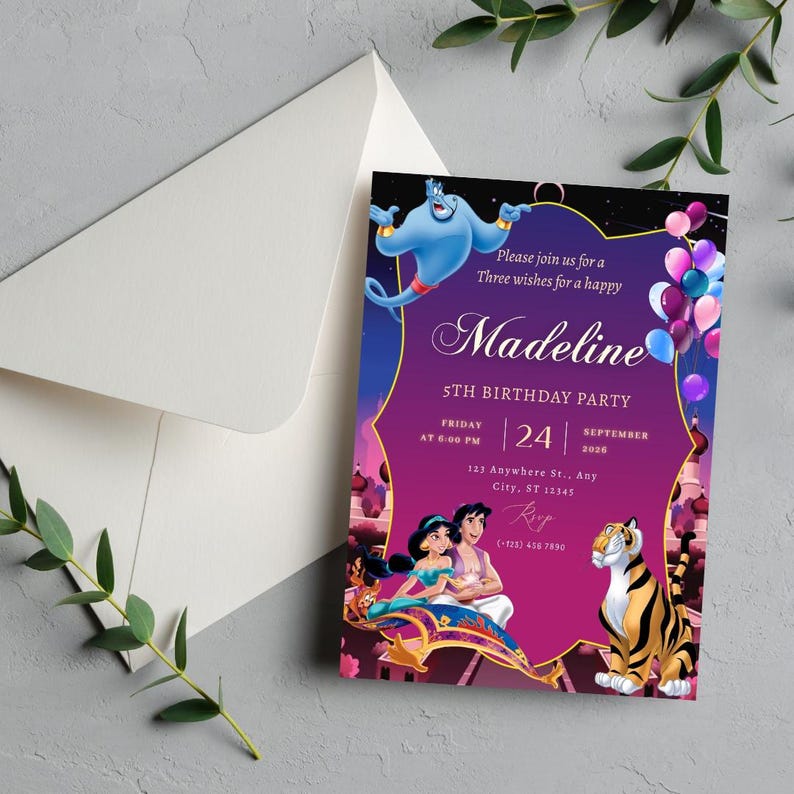 May include: A rectangular birthday party invitation card featuring a blue genie, Jasmine, Aladdin on a magic carpet, and a tiger. The purple and pink card includes text: Please join us for a Three wishes for a happy Madeline 5TH BIRTHDAY PARTY.