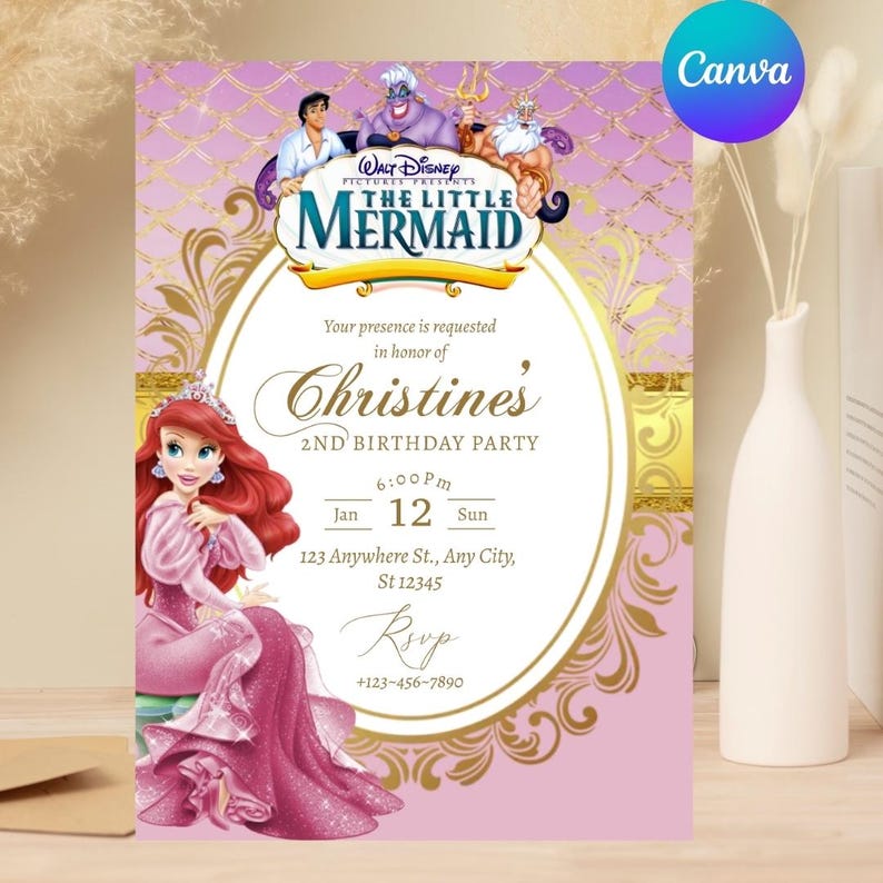 May include: A pink and gold invitation for a 2nd birthday party, featuring Ariel from Disney's "The Little Mermaid." The invitation includes the text "Christine's 2nd Birthday Party" and event details.