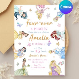 May include: A birthday invitation featuring princess illustrations and the text "Four-ever A Princess" and "Amelia is turning 3". The invitation includes the date, time, and location of the party. The design incorporates stars and butterflies.