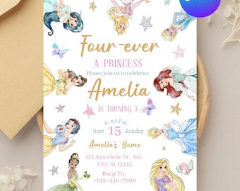 Four Ever A Princess Birthday Invitation: Princess Birthday Invite, Princess Party Royal Theme Watercolor Editable Canva Template