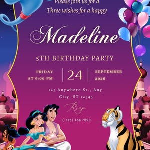 May include: A purple birthday party invitation featuring a blue genie, a princess, a prince on a magic carpet, and a tiger. Text includes: Please join us for a Three wishes for a happy Madeline 5TH BIRTHDAY PARTY FRIDAY 24 SEPTEMBER 2026 123 Anywhere St., Any City, ST 12345 Rsvp (+123) 456 7890.