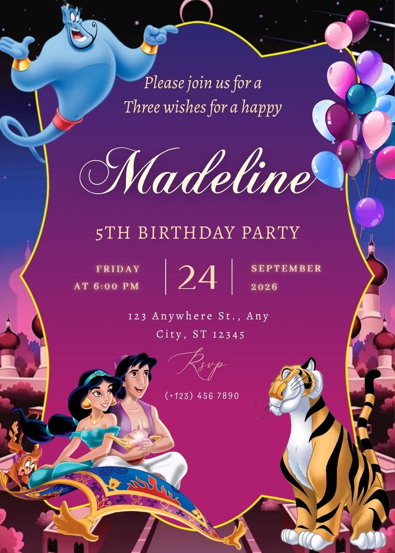 May include: A purple birthday party invitation featuring a blue genie, a princess, a prince on a magic carpet, and a tiger. Text includes: Please join us for a Three wishes for a happy Madeline 5TH BIRTHDAY PARTY FRIDAY 24 SEPTEMBER 2026 123 Anywhere St., Any City, ST 12345 Rsvp (+123) 456 7890.
