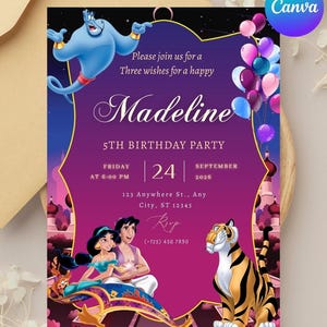 May include: A rectangular birthday party invitation card featuring a purple and pink gradient background with a blue genie, a couple on a magic carpet, and a tiger. The text includes Please join us for a Three wishes for a happy Madeline 5TH BIRTHDAY PARTY.