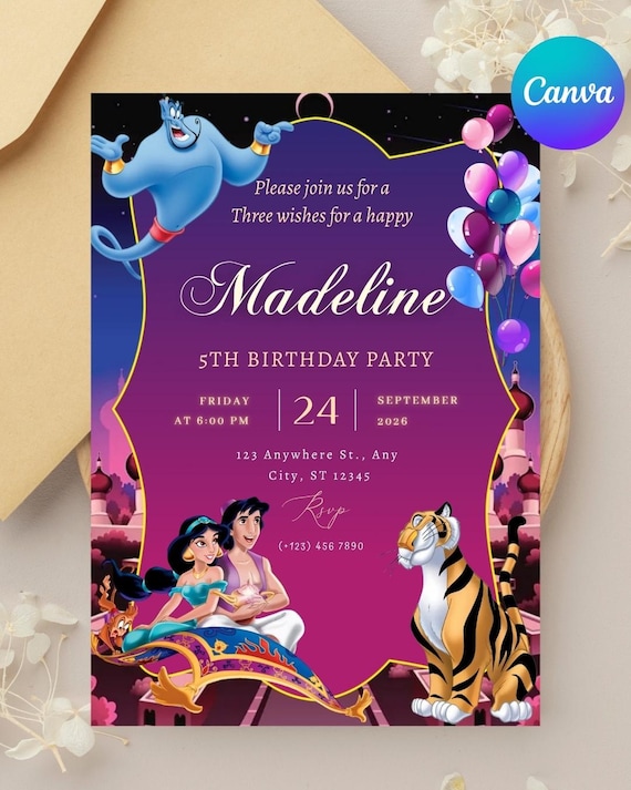 Princess Jasmine Birthday Invitation, Arabian Nights Party, Custom Aladdin Invitation, Aladdin Party Invite, Editable Canva Template