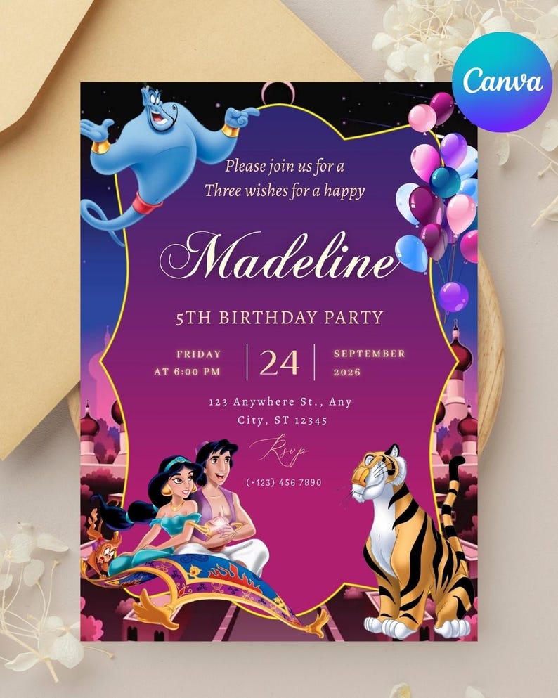 May include: A rectangular birthday party invitation card featuring a purple and pink gradient background with a blue genie, a couple on a magic carpet, and a tiger. The text includes Please join us for a Three wishes for a happy Madeline 5TH BIRTHDAY PARTY.