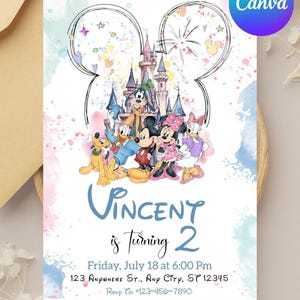May include: A rectangular birthday invitation card featuring a watercolor castle and cartoon characters including Mickey, Minnie, Donald, Daisy, Goofy, and Pluto. The text reads Vincent is Turning 2, Friday, July 18 at 6:00 Pm, 123 Anywhere St., Any City, ST 12345, Rsvp To: +123-456-7890.