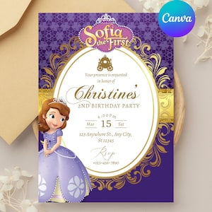 Peut inclure: Une invitation violette et dorée pour une fête d'anniversaire, avec le texte "Sofia the First". L'invitation comprend le nom "Christine's", la date, l'heure et les informations RSVP. Une image de dessin animé de Sofia est à gauche.