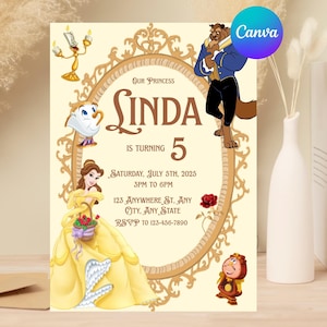 Beauty and the Beast Birthday Invitation, Editable Belle Princess Party Invite, Girls Birthday Party Invite, Canva Template