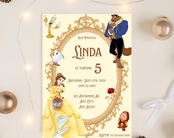 Beauty and the Beast Birthday Invitation, Editable Belle Princess Party Invite, Girls Birthday Party Invite, Canva Template