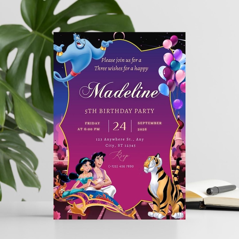 May include: A purple birthday party invitation featuring a blue genie, a princess, a prince on a magic carpet, and a tiger. The text reads: Please join us for a Three wishes for a happy Madeline 5TH BIRTHDAY PARTY FRIDAY 24 SEPTEMBER 2026.