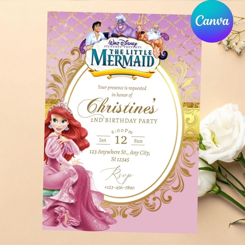 May include: A pink and gold invitation for a 2nd birthday party featuring Ariel from Disney's The Little Mermaid. The invitation includes the text "Christine's 2nd Birthday Party" and RSVP information. The Canva logo is in the upper right corner.
