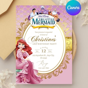 May include: A pink and gold invitation card featuring Ariel from Disney's The Little Mermaid. The card includes the text "Christine's 2nd Birthday Party" with event details. The Canva logo is visible in the upper right corner.