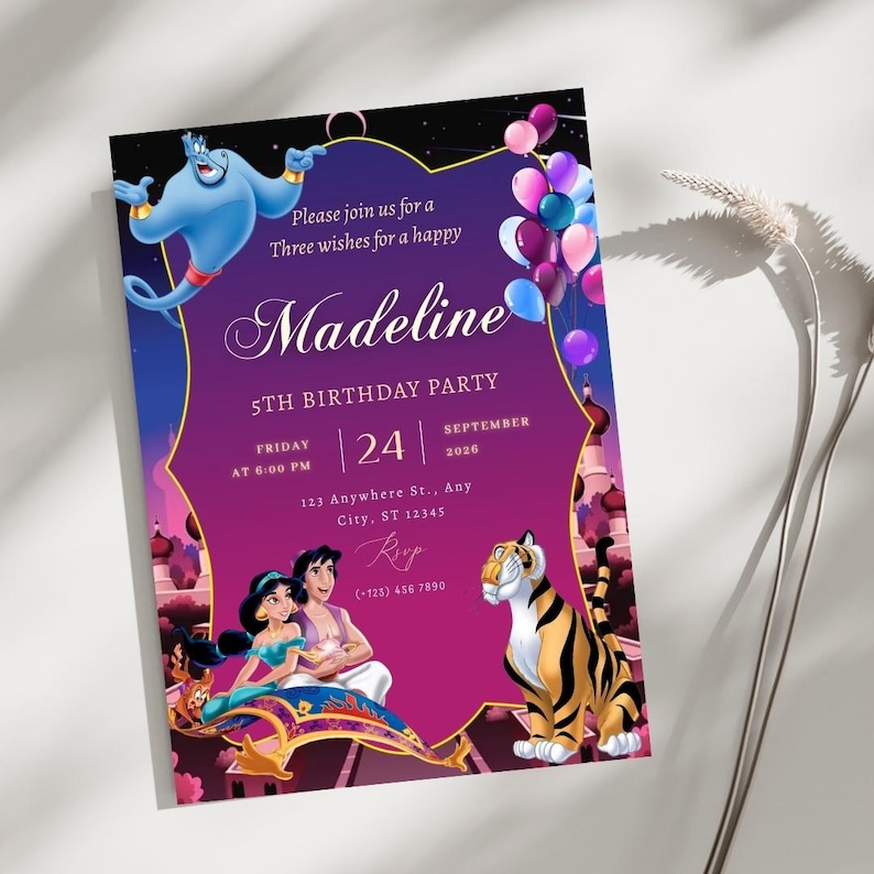 Princess Jasmine Birthday Invitation, Arabian Nights Party, Custom Aladdin Invitation, Aladdin Party Invite, Editable Canva Template image 7
