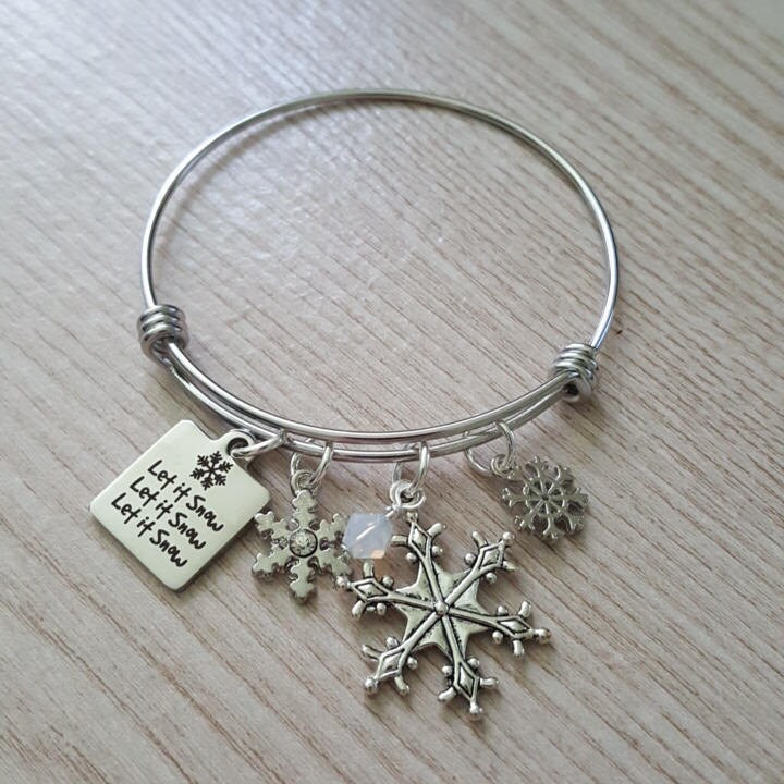 Let It Snow Charm Bracelet, Snow Bangle, Snowflake Jewelry, Snowflake ...