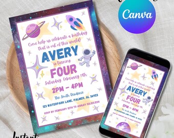 May include: Editable birthday party invitation with a space theme. The invitation features a purple and blue galaxy background with stars, planets, and a rocket ship. The text reads "Come help us celebrate a birthday that is out of this world! Avery is turning four. Saturday, February 19th, 2PM-4PM. The Smith Residence, 123 Waterpark Lane, Palmer, AL 36923. RSVP by February 12th to Ashley 123.123.1234."