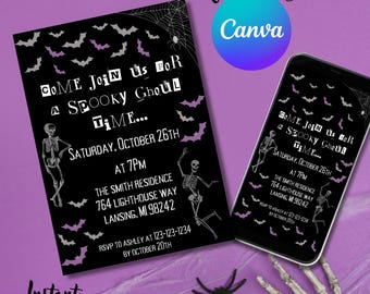Halloween-Party-Einladung, Skelett-Party, gruselige Einladung, Gruselige Party Halloween-Einladung, gruseliges Skelett, Ghoul, digitale Einladung