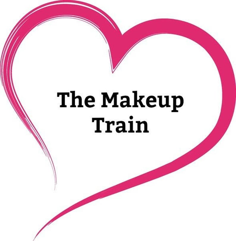 May include: A pink heart-shaped graphic with the text "The Makeup Train" inside.